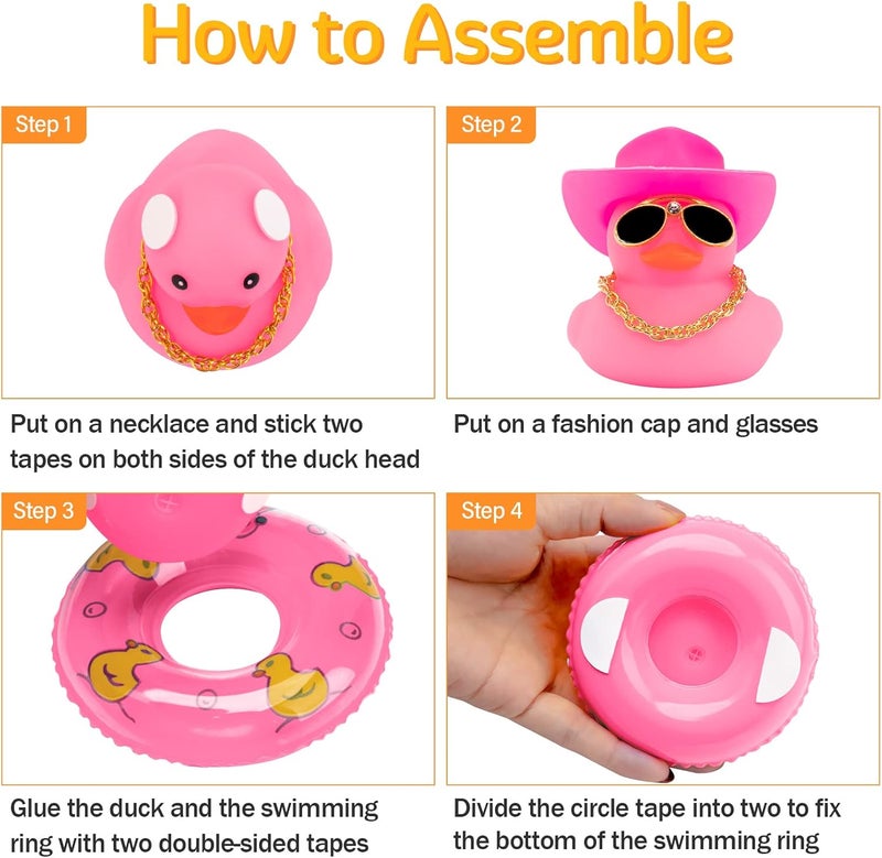 wonuu Car Dashboard Decorations Rubber Duck Accessories with Swim Ring, Sunglasses, Hat and Necklace, Pink Cowboy Duck - Image 3